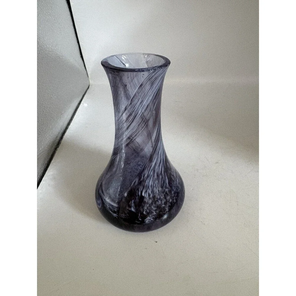 Purple/Blue Swirl Cathiness Style Art Glass  Small Bud Vase 4.5” Tall